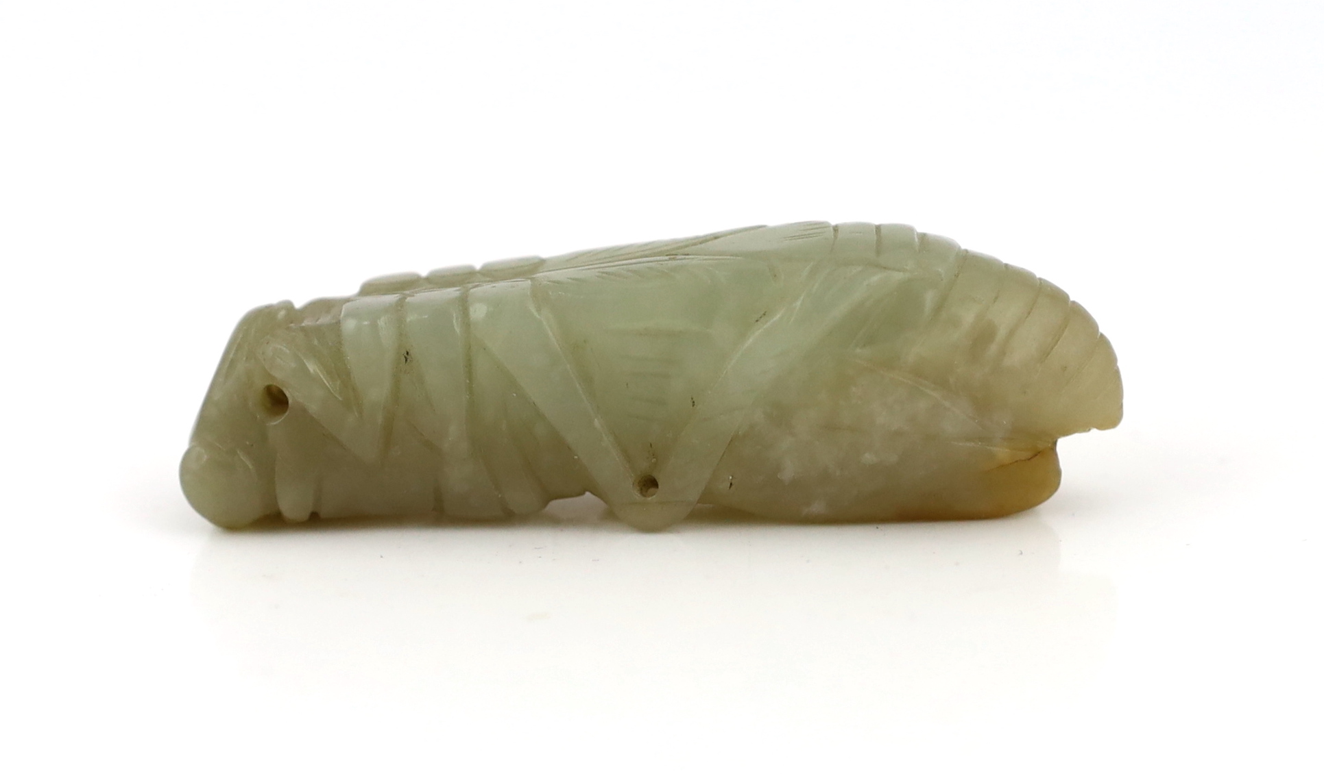 A Chinese pale celadon jade grasshopper pendant, 18th/19th century